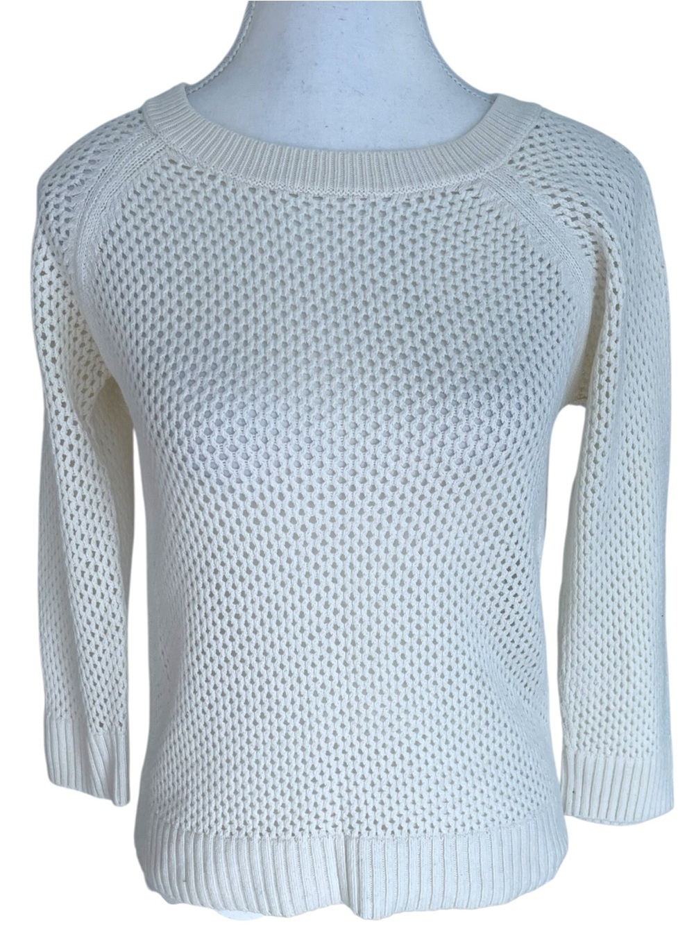 Club Monaco White Open-Knit Crewneck Sweater Size Medium 3/4 Sleeves
